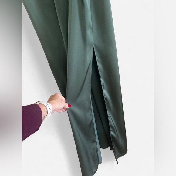 NWT Eucalyptus Green A-Line V-Neck Pleated Stretch Satin Dress with Slit - Picture 3 of 9